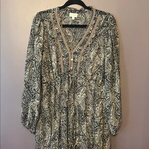 Wonderly Paisley V-Neck chiffon puff sleeve Maxi Dress in Brown, Blue and Beige